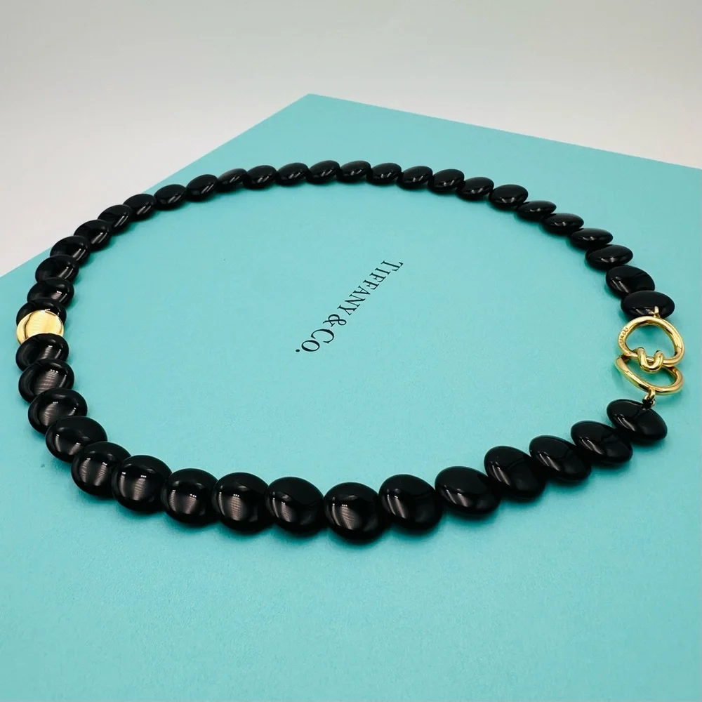 Vintage Tiffany & Co. Lentil Onyx 18K Yellow Gold Necklace 17” Presentation Box